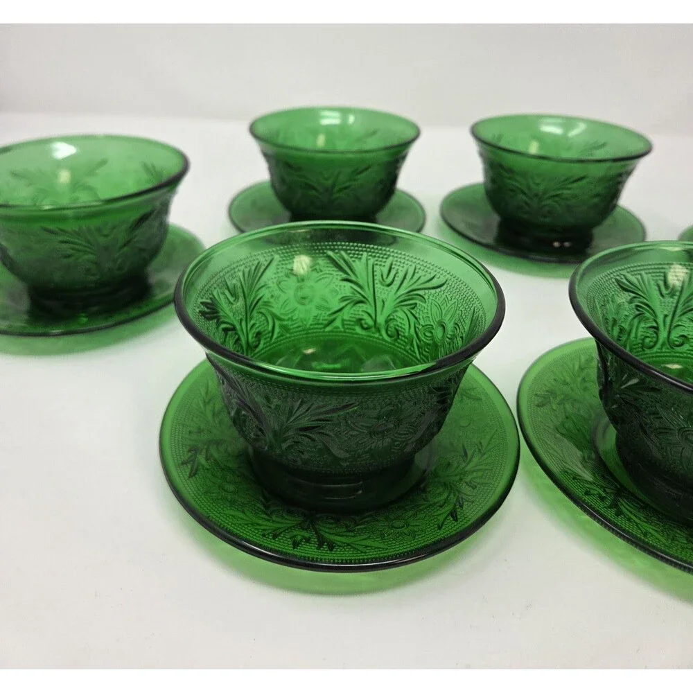 6 Vintage Anchor Hocking Forest Green Sandwich Custard Cups Set And Saucer‎ Set